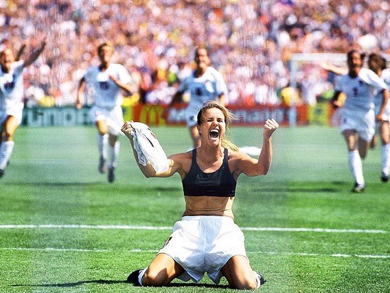 The unforgettable image of Brandi Chastain celebrating Team USA's victory over China for the 1999 Women's World Cup.  That match saw the highest TV ratings for any female sport in American history.